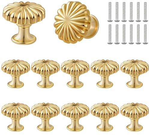 Tearmier 12 Pack Gold Drawer Knobs, Pumpkin Shaped Solid Cabinet Door Knobs, Single Hole Round Cupboard Knob, Gold Wardrobe Door Knob with Screws, Furniture Knob for Cabinet Drawer Cupboard Wardrobe