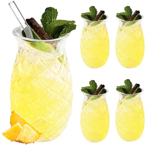 WIYETY Set med 4 ananasglas: 400 ml, genomskinliga cocktailglas med ananasrelief, återanvändbara, för fester, fruktdrycker, long drink, ananasformade, perfekta för hem, restauranger och
