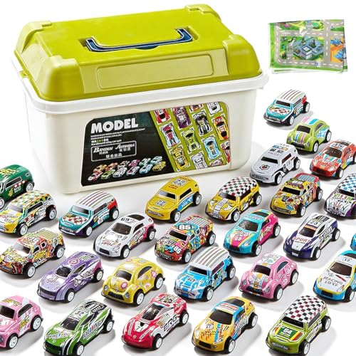 WFKKMEQ Macchinine per Bambini, 30PCS Mini Auto da Corsa Metallo Giocattoli di Auto da Corsa Set Macchine Giocattolo con Tappeto da Gioco Veicolo Metallo Die Cast per Bambini Regali di Natale