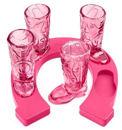 Final Touch Horseshoe Boot Shot Glass Set – 4X 1oz Pink Cowgirl Boot Glasses with Horseshoe-Shaped Serving Tray – Western Design, Non-Slip Feet – Ideal for Whiskey, Tequila, Bourbon Shots (GG5027)