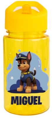DEREGALOOS Botella Infantil Personalizado 440 ml. Bidón Escolar con Nombre, Pajita y Asa. Diseño Patrulla Perros Bomberos en Rojo, Azul o Amarillo. Regalo Original para Niños (Amarillo - Chase)