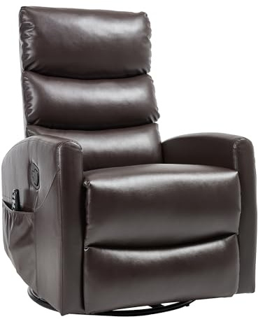PELUMY 360° Swivel Rocker Recliner with Heat & Vibration Massage, Glider Rocking Chair for Adults, Compact Recliner for Living Room, Small Spaces, Nursery, Bedroom (Breathable Leather, Brown)