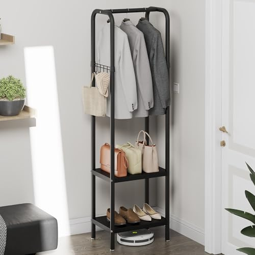 Garderobenständer aus Metall, kompakter Garderoben- und Schuhständer | freistehender Kleiderständer mit Metallregalen und Haken, Kleiderstange für Schlafzimmer, Eingangsbereich (Schwarz)