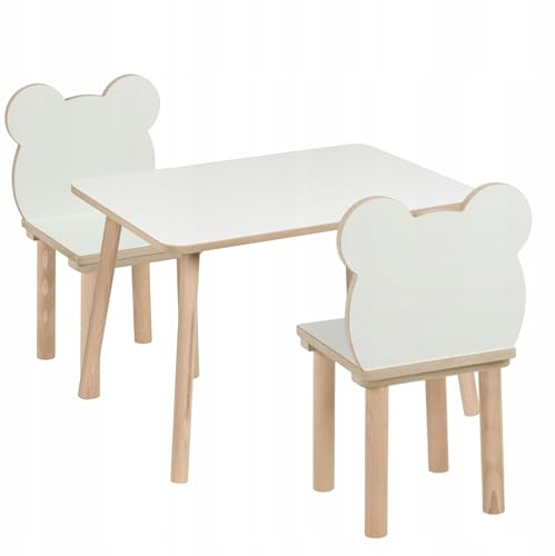 PlayPals Furniture - Set tavolo per bambini + 2 sedie orso, 70×50×47 cm – Set tavolo e sedie per bambini in MDF e legno – naturale, sicuro per i bambini, bordi arrotondati, stabile – per bambini 3–7