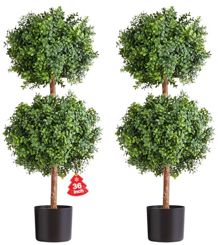 VEVOR Artificial Topiary Boxwood Double Ball, 2 Set 36 inch Faux Boxwood Plant Balls, Fake Silk Tree Look Real, Easy Assembly for Decor Front Porch Outdoor Patio Garden Balcony Backyard Indoor