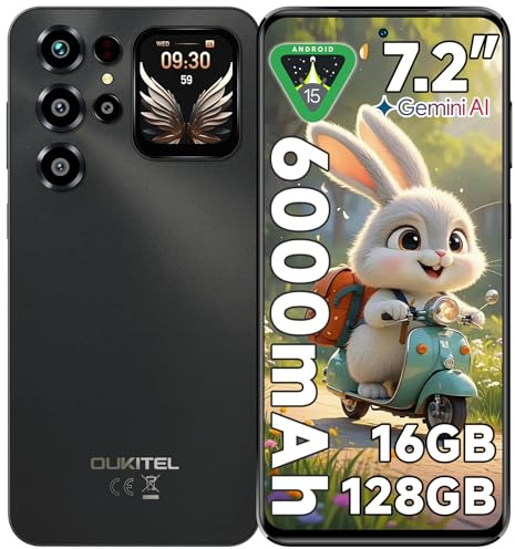 OUKITEL C68 Plus Handy ohne Vertrag - 7,2 120Hz Display mit 1,81 Rückbildschirm, 6000mAh 64MP+8MP Handy, 16GB+128GB/1TB Smartphone ohne Vertrag, Android 15 Simlockfreie Handys Dual SIM/BT5.0/Schwarz