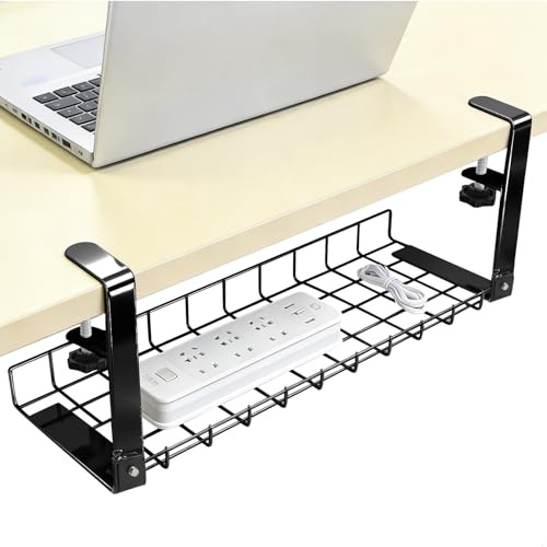 Under kabelhantering skrivbord kabelkanal kabelbox skrivbord organiserare under bord, kabelbricka i metall 380 × 190 × 195 mm utan borrning klämbar kabelarrangör, för kontor kök PC-bord