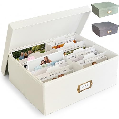 Qerlei Linen Photo Storage Box with Dividers & 8 Sorting Bins, Holds 1700 4x6 Pictures, Memory Keepsake Organizer for Photos, Cards, Stamps, Scrapbook Supplies, Multi-Purpose Home Storage (Beige)
