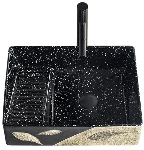 Vasque a Poser Salle de Bain, Lavabo Salle de Bain avec Planche à Laver en Céramique Chinoise, Vasque a Poser avec Robinet et Égouttoir pour Salles
