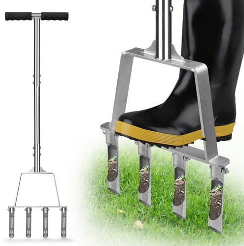 Qdreclod Aérateur de Gazon Manuel en Acier Inoxydable, Scarificateur à 4 Dents Creuses avec Manche Long, Outil de Jardin pour Dégazonner et Aérer la Terre Compacte, Sol Argileux et Sableux