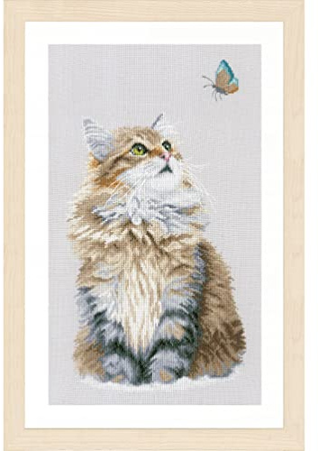LanArte Kreuzstich Stickpackungen für Erwachsene, Kreuzstich Set vorgedruckt mit Stickbild auf 100% Baumwoll Stoff und Stickgarn, Stickvorlagen 25 x 42 cm mit Anleitung, Katze