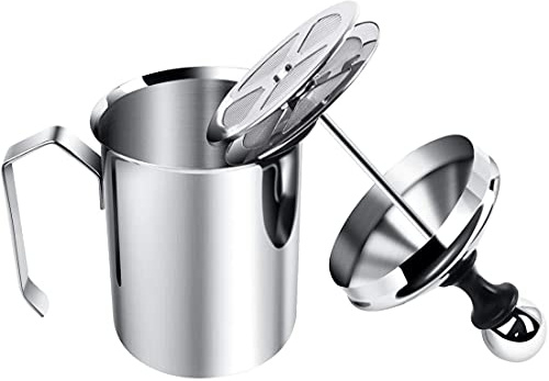 Sindh Stainless Steel Manual Milk Frother, Hand Pump Milk Foamer with Filter Screen for Cappuccino Coffee Latte Hot Chocolate, 14-Ounce Capacity (400ml)