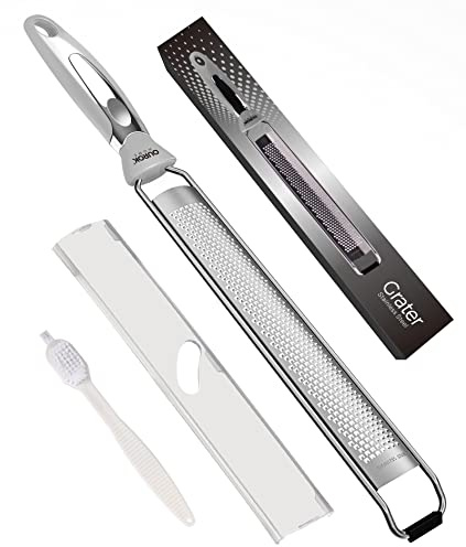 Ourokhome Kitchen Lemon Zester, Stainless Steel Hand Held Parmesan Cheese Grater for Ginger, Chocolate, Coconut, Lime, Nutmeg, Citrus, Fruit, Vegetable with Cleaning Brush, Dishwasher safe, Gray