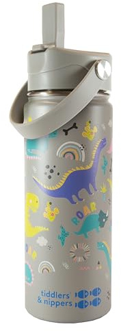 tiddlers & nippers Stainless Steel Vacuum Insulated Double Wall Kids Reusable Water Bottle with Leak Proof Straw 500ml | Keeps Cool for 24hrs & Warm for 10hrs + (Dinky Dinos)