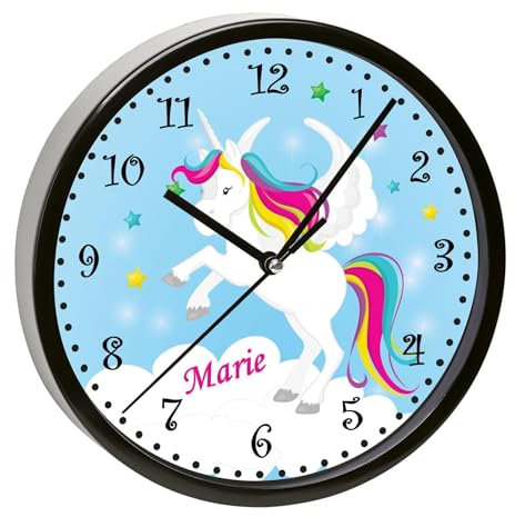 CreaDesign, Wanduhr Kinder personalisiert mit Name, Motiv Einhorn blau, Rahmen Wanduhr schwarz, Ø 19,5 cm