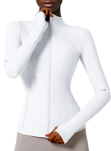 Locachy Dam Slim Fit Full Zip Atletisk Löpning Sport Träningsjacka med fickor, Stil 02 Vit, XS