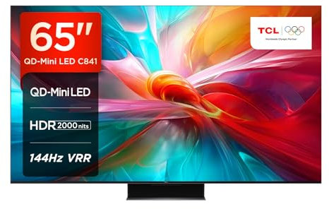 TCL 65C841, TV Mini LED 65”, pannello QLED 144Hz, 4K Ultra HD, Google TV (Dolby Vision & Atmos, audio Onkyo 2.1, Controllo vocale hands-free, compatibile con Google Assistant & Alexa)