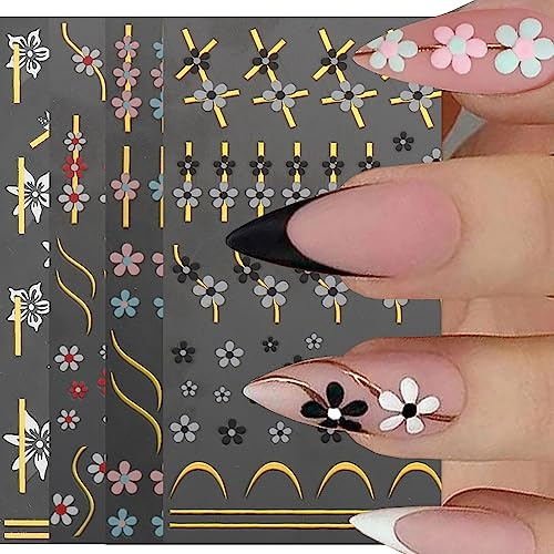 MissJelly Nagelsticker Selbstklebend, 9 Blatt French Nail Art Stickers Schwarz Weiß Rosa Gold Blumen Nagel Aufkleber Sticker 3D Nail Art Striping Tape Nageldesign DIY Maniküre Dekoration