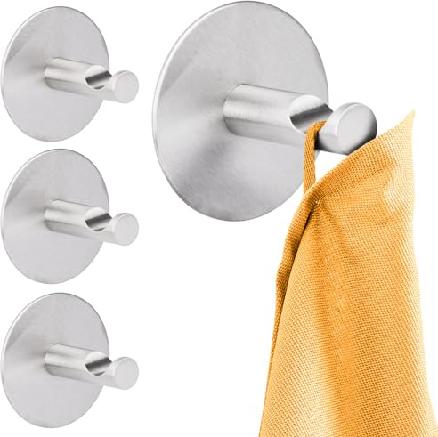 RICOO Klebehaken selbstklebend extra stark Handtuchhaken 4-er Set Wandhaken zum Kleben MH016-4 Handtuchhalter ohne Bohren Küche Badezimmer Kleiderhaken Edelstahl silber