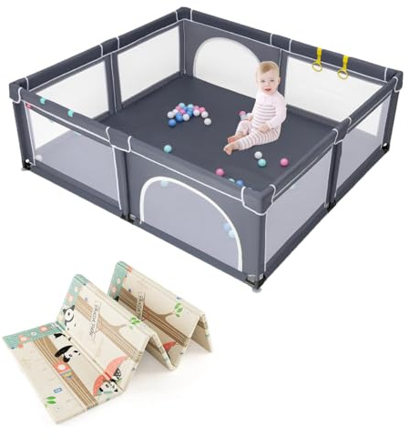 DREAMADE 206 X 185CM Laufstall Baby, Laufgitter mit 50 Bällen & 4 Griffe, Schutzgitter mit 2 Türen, Krabbelgitter Indoor & Outdoor (mit Panda-Muster Matratze, Dunkelgrau)