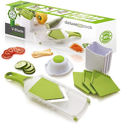 Mandolinenschneider mit V-Klinge – leicht, kompakt, einfach zu bedienen und zu reinigen – Gemüseschneider – Pommes-Frites-Schneider – Kartoffelchip-Schneider – Julienne-Werkzeug – plus KOSTENLOSES Rez