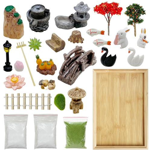 Cayway 26 PCS Zen de Jardin Outils, Mini Zen de Jardin, Mini Zen Sable avec du Sable Blanc pour Décoration de Jardin Miniature, Bureau de La Maison