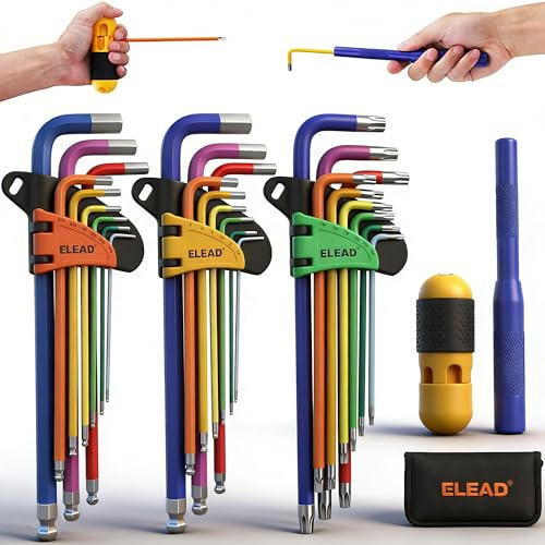 ELEAD 29-Piece Hex & Torx Key Set: Rainbow Colored Allen Wrench Set, SAE(1/16-3/8) & Metric(1.5mm-10mm) & Torx(T10-T50), Long Arm Ball End, Allen Keys with T-Handle and Extension Bar