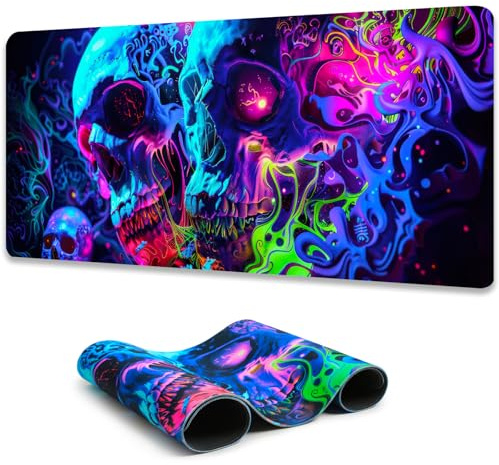 Simpkeely Horror Skull Mouse Pad, Blacklight Colorful Skeleton Gaming Large Non-Slip Rubber Base Mousemat, Glow in the Dark Abstract Desk Mat for Office Home - 80 x 30 cm
