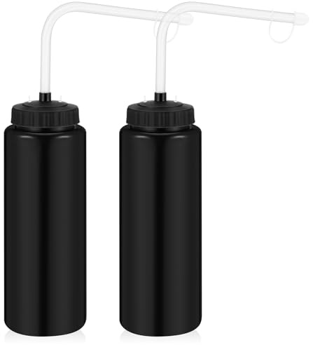 Domensi 2 Pack Large 1l Sports Water Bottle, 12.4 H x 5 W Translucent Easy Squeeze Plastic with Straw, Designed for Use with Football Lacrosse Hockey Helmets(Black,No Printed)