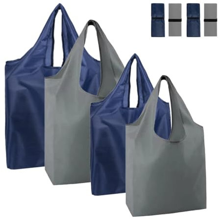 QYRDBGY Faltbare Einkaufstasche, 4 Stück Wiederverwendbare Einkaufstaschen 56 × 69cm/46 × 66cm Einkaufsbeutel Falttasche Faltbar Einkaufstten Umweltfreundliche (Blau, Grau)