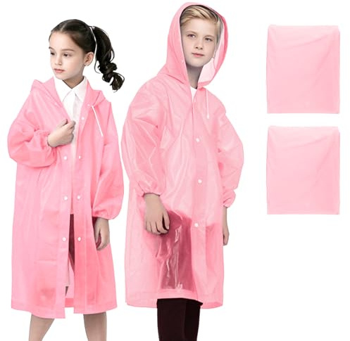 WOHSEROM 2 Pack Rain Ponchos for Kids Reusable,Thickened EVA Travel Raincoat Jacket with Hoods and Sleeves,Lightweight Light Pink Capes Ponchos for Boys and Girls Outdoor Camping Travel