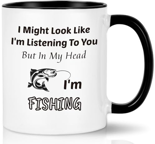 Joymaking Fishing Gifts for Men Coffee Mug - in My Head I'm Fishing - Funny Gift for Men Fish Mug Mens Novelty Gifts for him Birthday Gift, 11Oz White