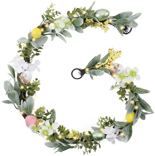 Valery Madelyn 5ft Easter Egg Garlands with LED Lights, Artificial Colorful Floral Garland with Lamb Ears Leaves and Decorative Eggs for Spring Home Decor & Easter Decoration Gift