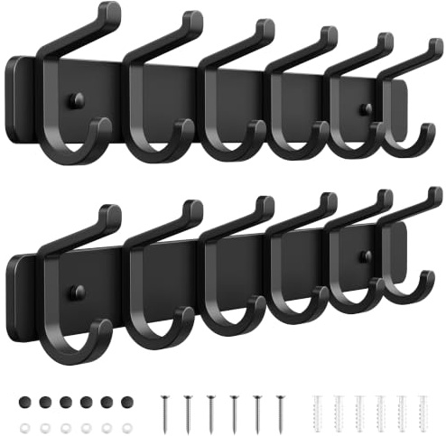 pickpiff Coat Rack Wall Mounted Heavy-Duty: Metal Coat Hanger 6 Hooks for Hanging Hat, Clothes, Robe, Keys, Backpack, Bathroom Towels, Jacket, Purse - Closet, Door, Entryway, Mudroom (Black, 2 Pack)