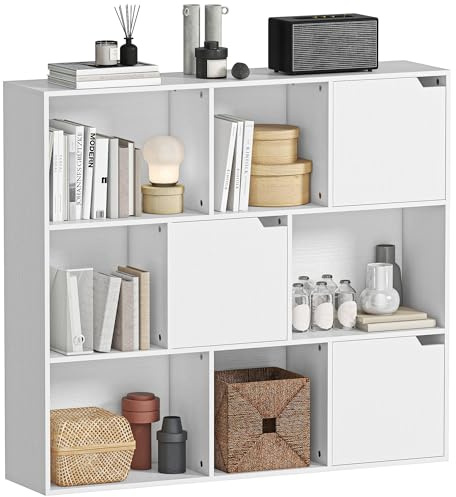 HOMCOM Libreria a Cubi con 6 Sezioni Aperte e 3 Chiuse con Ante Magnetiche, Libreria Scaffale Moderna in Truciolato per Soggiorno, Studio e Camera da Letto, 106x24x95 cm, Bianco