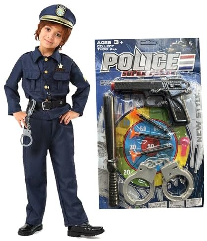 Lawnrden Polizei-Kostüm für Kinder, 1 Set, Größe M, Unisex, Polyester, atmungsaktiv, Polizei-Kostüm für Cosplay, Halloween, Rollenspiele, Party, Bühne, für 109, 9–119, 9 cm große Kinder, für
