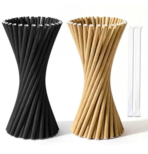 ZSSZD Paper Cocktail Straws 100 PCS, Disposable Drinking Straws, Biodegradable Eco-Friendly Plastic Free Long Straw Black & Kraft, Individually Wrapped for Smoothie Milkshake Coffee Party, 6 * 197mm
