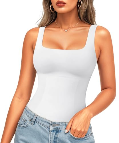 LODAY Compression Tank Tops for Women Shapewear Tummy Control Body Shaper Square Neck Camisole Tops(White,Large)
