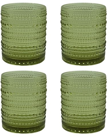 Elvida Interiors Hobnail Glass Tumblers – Embossed Beaded Drinking Glasses – Vintage Style Water & Cocktail Glass (4, Green)