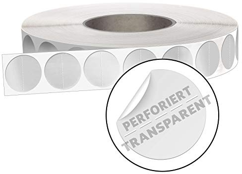 MASHPAPER 5.000 Stück Verschlussetiketten transparent perforiert 30 mm rund | Selbstklebende runde Verschlussetiketten aus PE-Folie, permanent haftende Klebepunkte mit Querperforation, transparent,402030