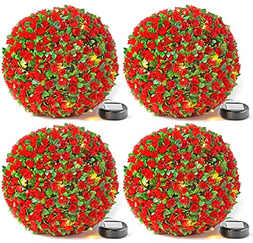 Solalite 4 x 28cm Red Topiary Balls with 20 Solar LED Lights, Hanging Topiary Ball Lights Sphere Decorative for Wedding Artificial Plant, Backyard Balcony Garden Décor