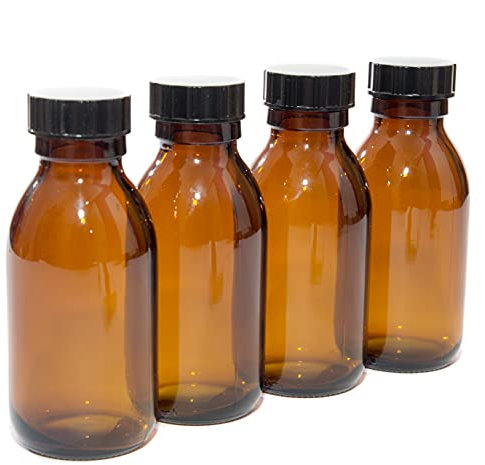 100ml AMBER GLASS Bottles with BLACK Lids - PACK of 4