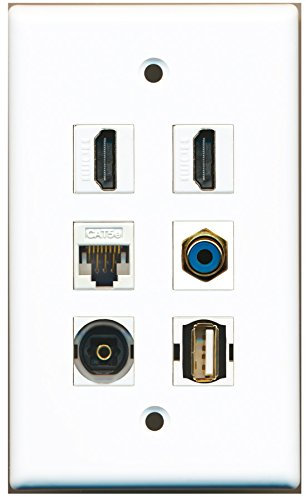 RiteAV - 2 HDMI 1 Port RCA blau 1 Port USB A-A 1 Port Toslink 1 Port Cat5e Ethernet weiße Wandplatte.