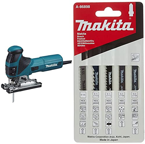 Makita 4351FCTJ Scie Sauteuse à Pendule 135 mm, avec LED, 720W & A-86898 Lot de 5 lames pour scie sauteuse