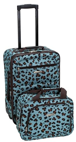 Rockland Fashion Softside Upright Luggage Set,Expandable,Telescopic Handle,Wheel, Blue Leopard, 2-Piece (14/19)