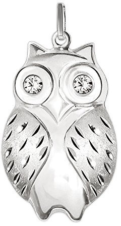 CLEVER SCHMUCK Silberner Damen Anhänger große Eule 28 mm glänzend beidseitig gewölbt mit Zirkonia weiß, Flügel matt diamantiert 925 Sterlingsilber im Schmucketui creme
