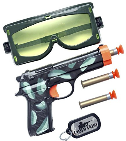 Amakando Spielzeugpistole Set Militär Ausrüstung Spielzeugwaffe mit Brille und Erkennungsmarke Saugnapfpistole Waffe Soldaten Pistole Soldat Kostüm Zubehör