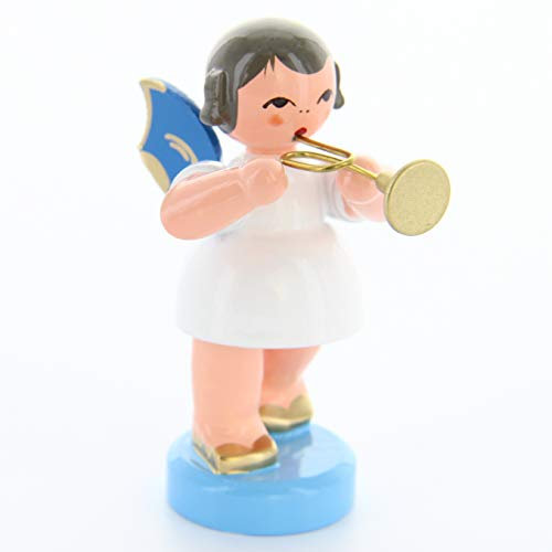German Christmas Angel with trumpet - Blue Wings - standing - 6cm / 2,3 inch - Authentic German Erzgebirge Wooden Angels - Kunstgewerbe Uhlig