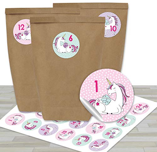 Papierdrachen Adventskalender zum Befüllen - mit 24 braunen Papiertüten und 24 Einhorn- Aufklebern - zum Selbermachen und Basteln - Mini Set Nr 28 - Weihnachtskalender für Kinder