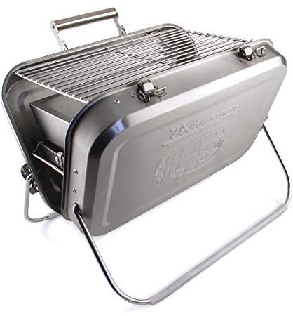 BRISA VW Collection - Volkswagen Barbecue portatile a valigia con griglia, vaschetta di raccolta della carbonella e maniglia di trasporto in acciaio inox Campervan T1 Bus design (Silhouette/Argento)